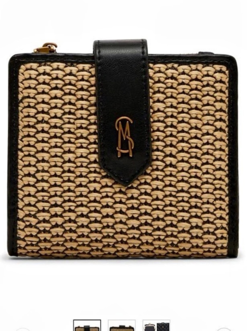 Steve Madden Raffia Foldover Cardcase Wristlet Raffia Black & Tan NWT